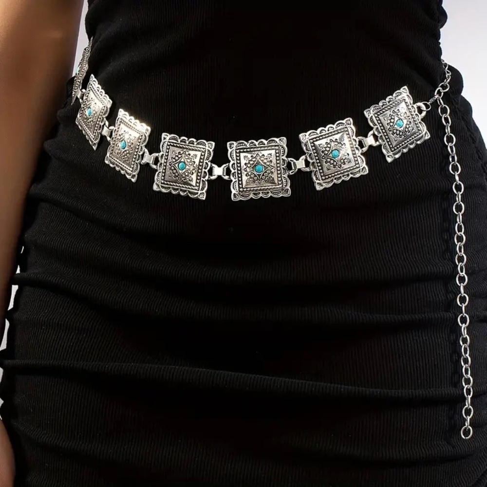 THUNDERBIRD CONCHO TURQUOISE WESTERN SILVER BELT ADJUSTABLE BUCKLE SPRING NEW